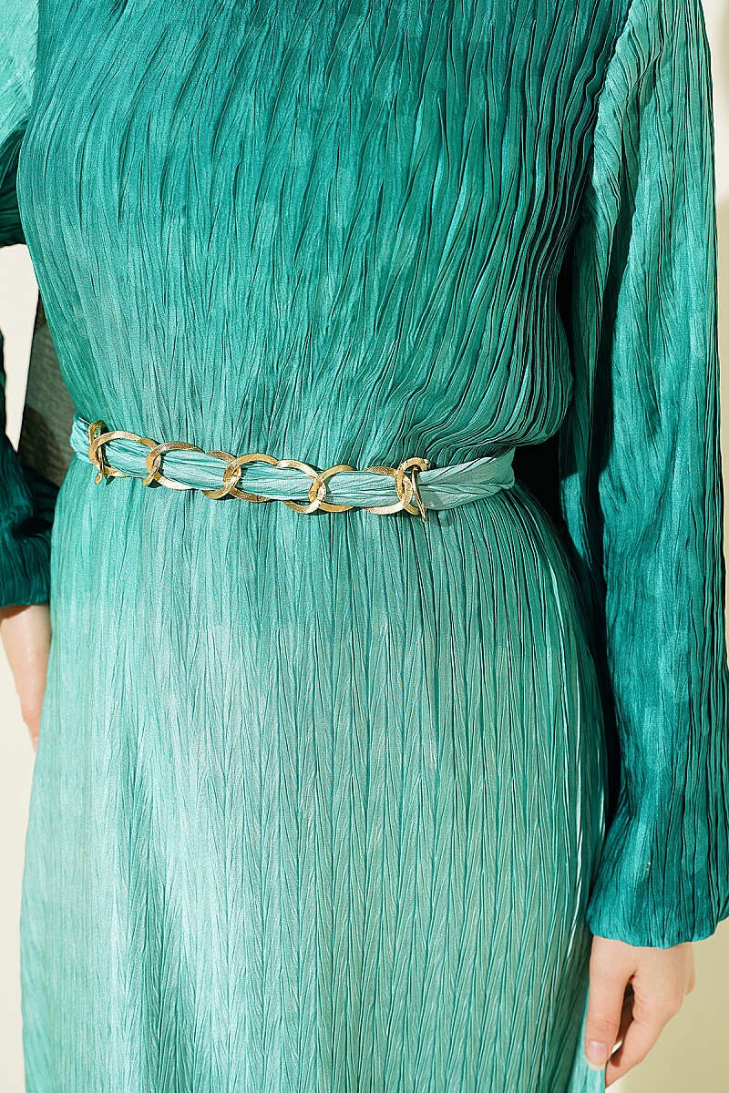 Belted Gathered Plissé Dress - Green