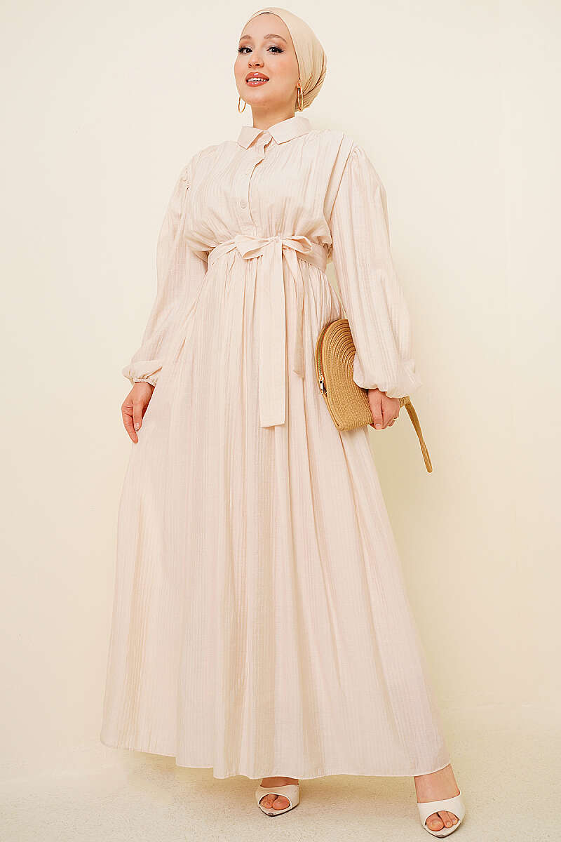 Belted Gathered Dress with Elastic Cuffs - Beige