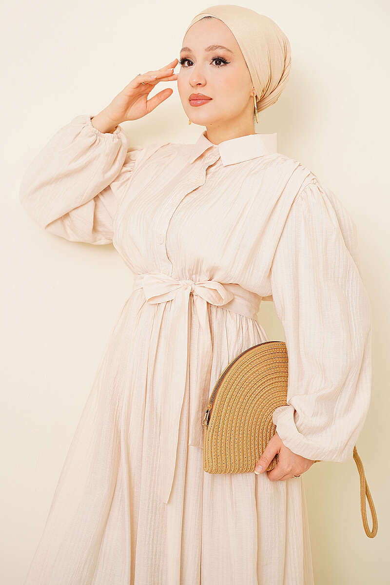 Belted Gathered Dress with Elastic Cuffs - Beige