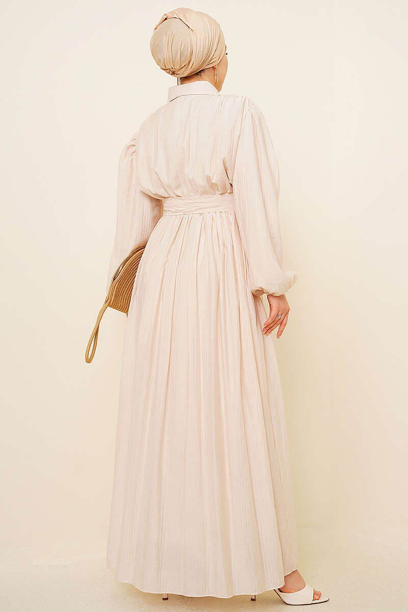 Belted Gathered Dress with Elastic Cuffs - Beige