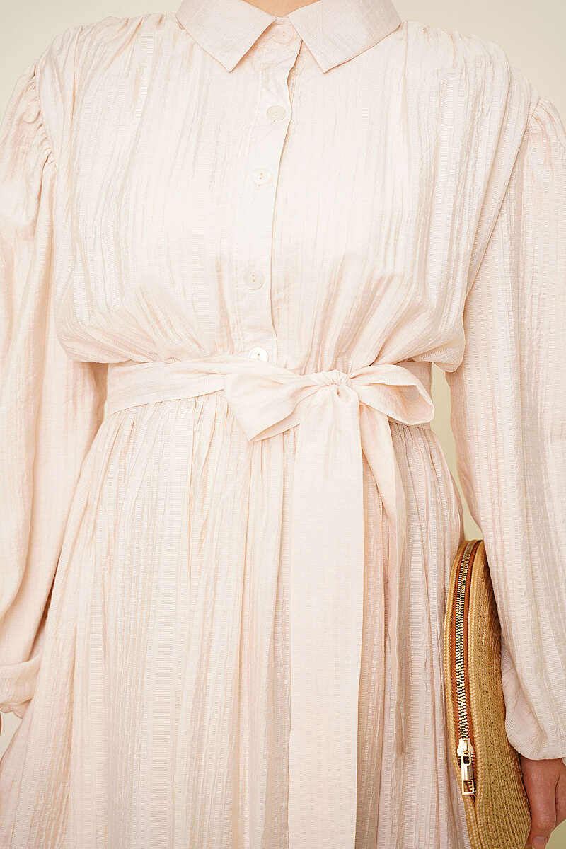 Belted Gathered Dress with Elastic Cuffs - Beige