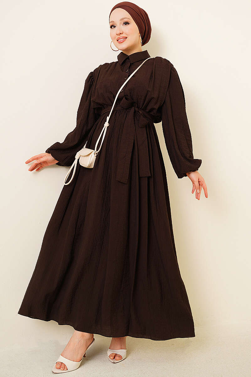 Belted Gathered Dress with Elastic Cuffs - Brown