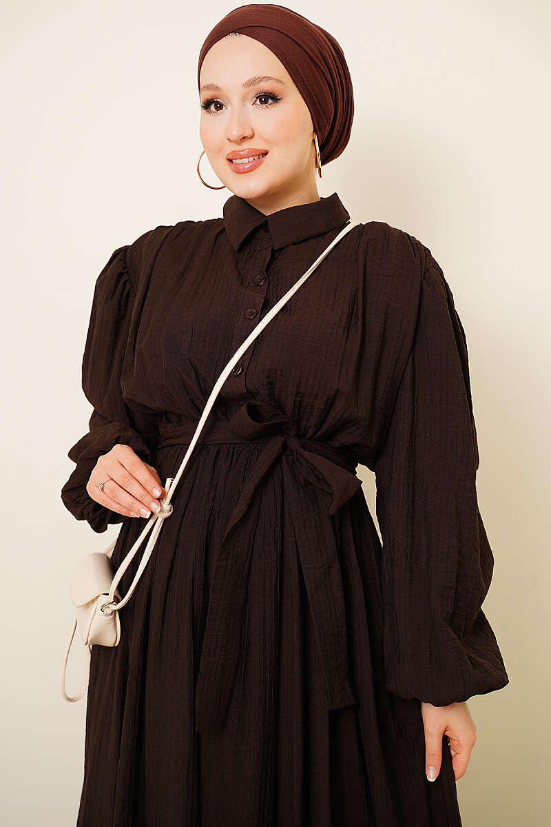 Belted Gathered Dress with Elastic Cuffs - Brown