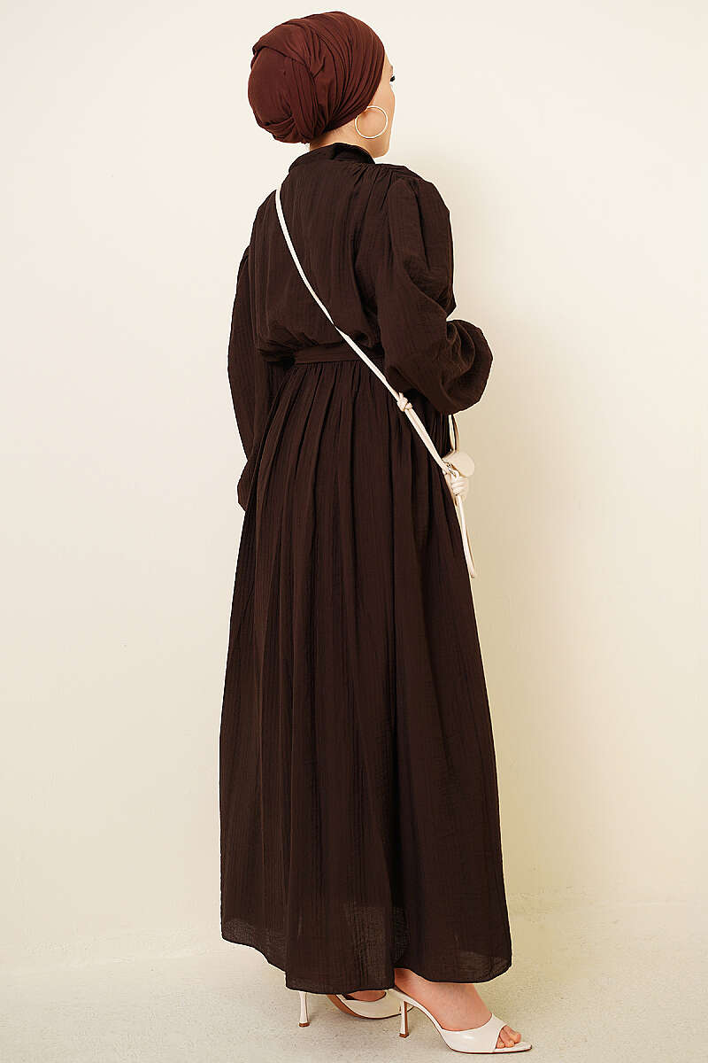 Belted Gathered Dress with Elastic Cuffs - Brown