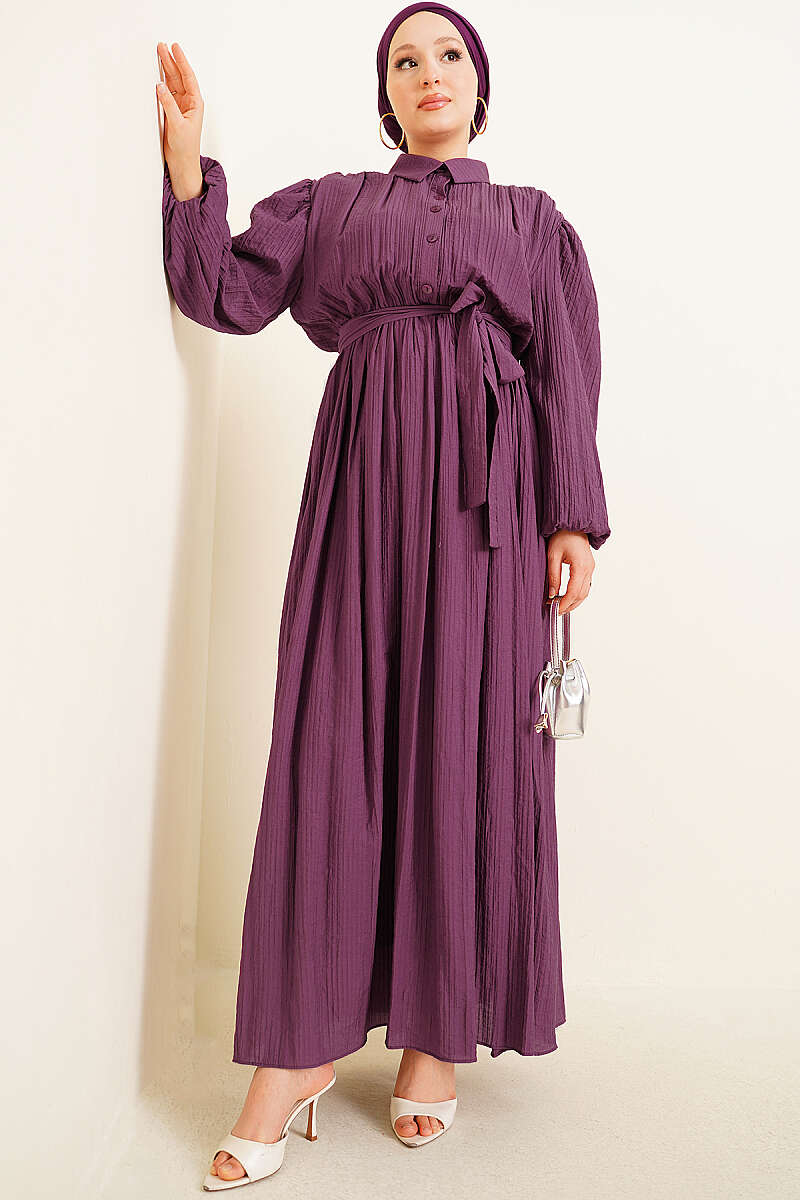 Belted Gathered Dress with Elastic Cuffs - Purple