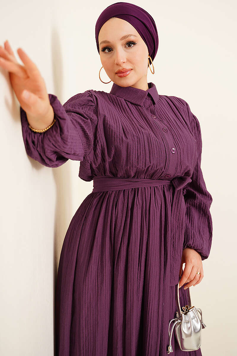 Belted Gathered Dress with Elastic Cuffs - Purple