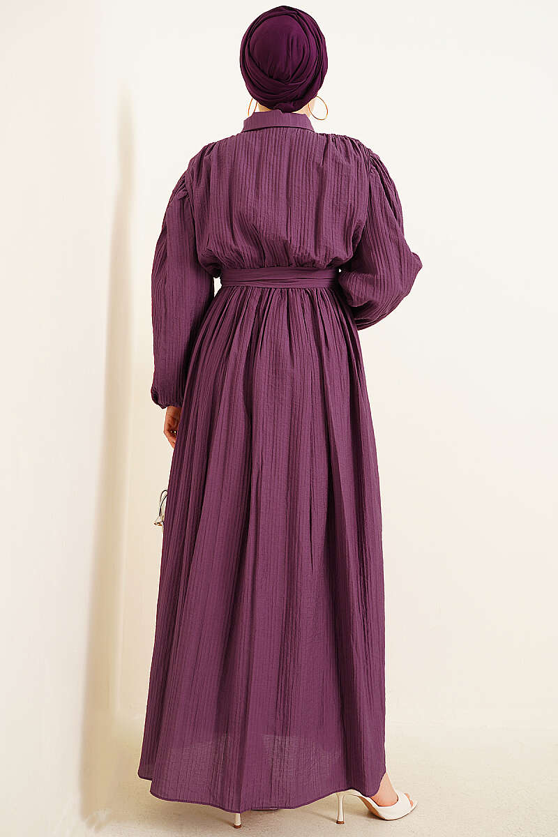 Belted Gathered Dress with Elastic Cuffs - Purple