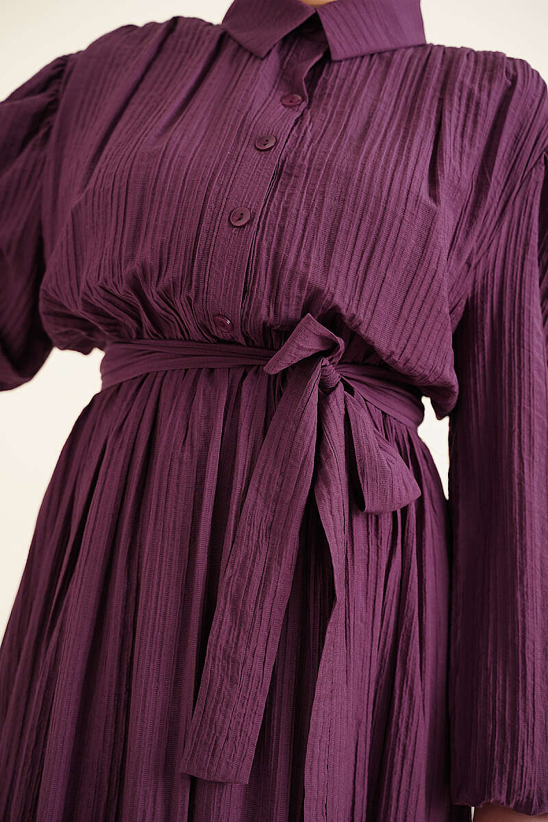 Belted Gathered Dress with Elastic Cuffs - Purple