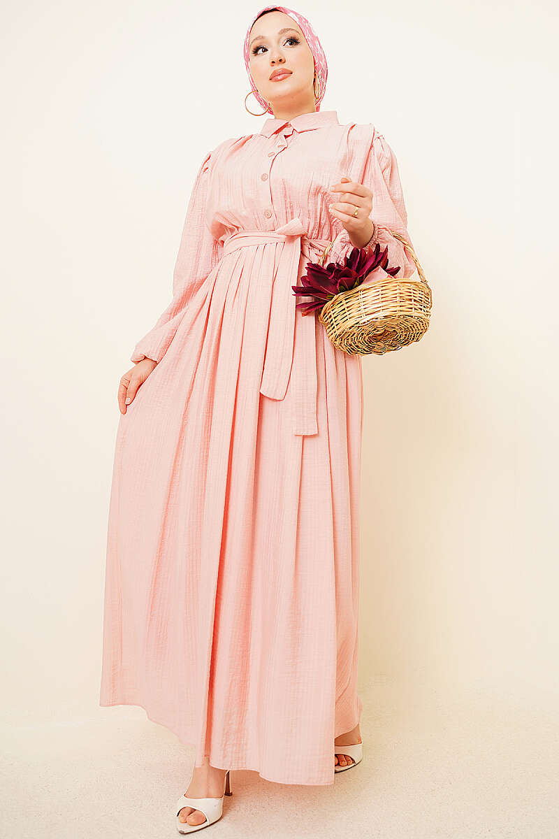 Belted Gathered Dress with Elastic Cuffs - Powder