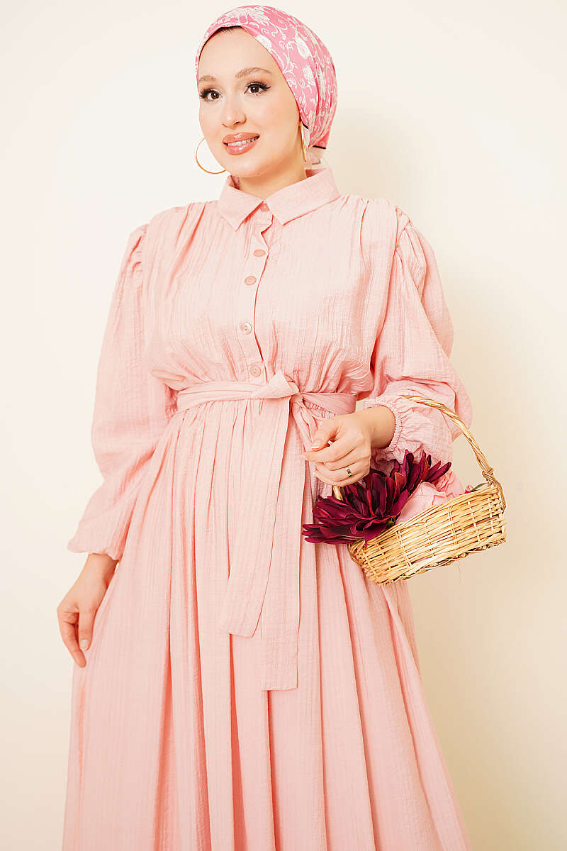 Belted Gathered Dress with Elastic Cuffs - Powder
