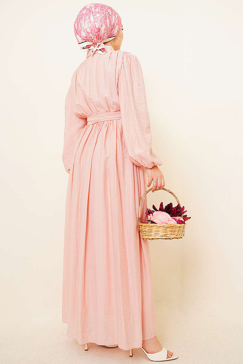 Belted Gathered Dress with Elastic Cuffs - Powder