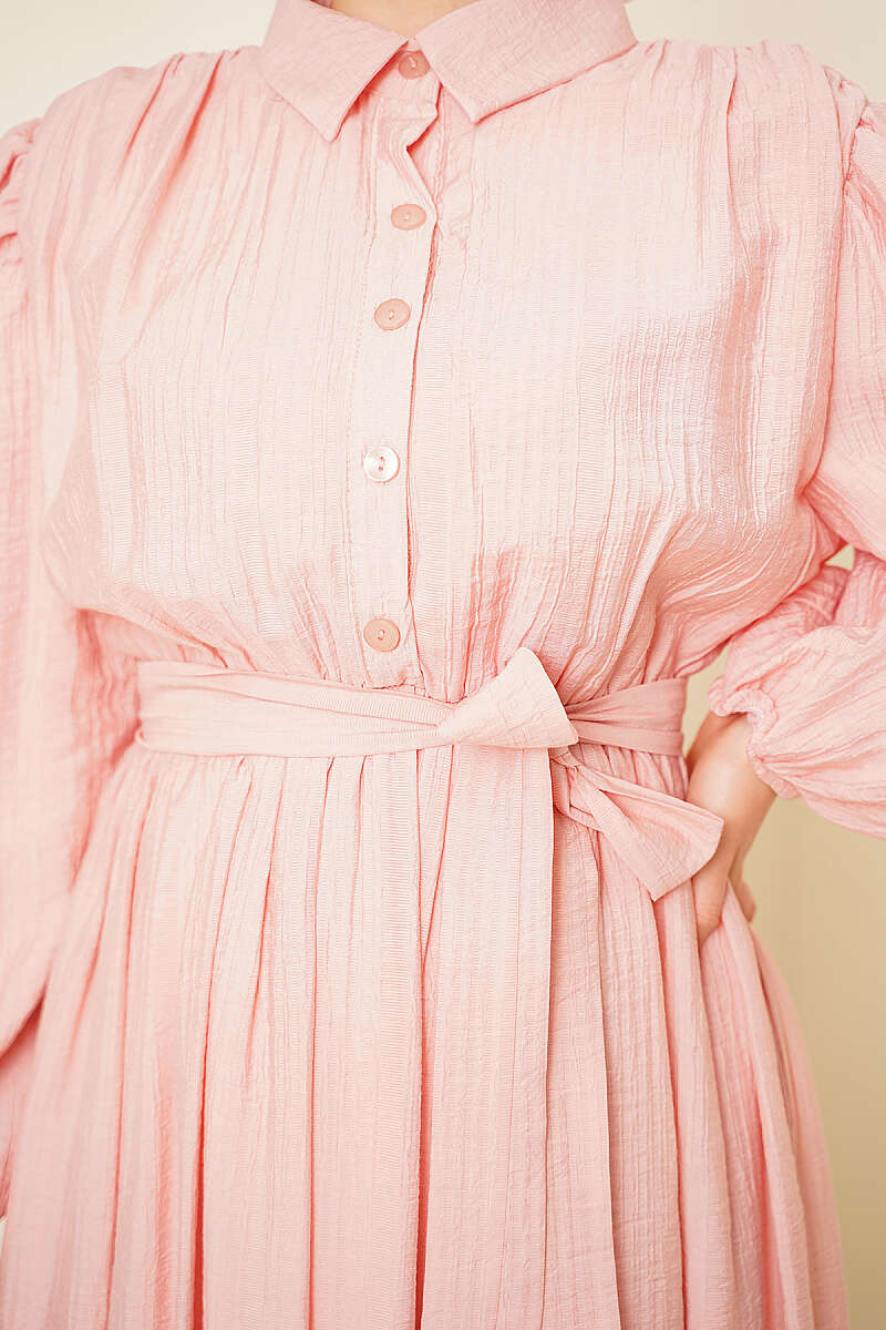 Belted Gathered Dress with Elastic Cuffs - Powder