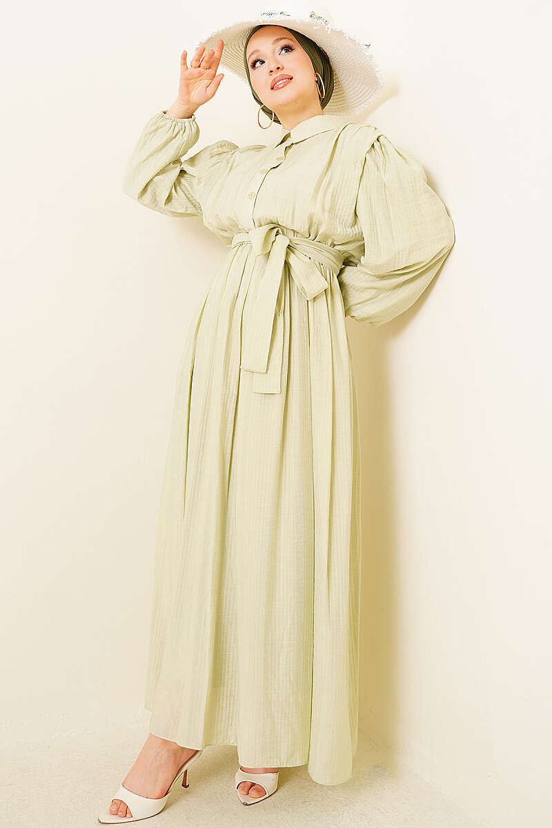 Belted Gathered Dress with Elastic Cuffs - Aqua Green