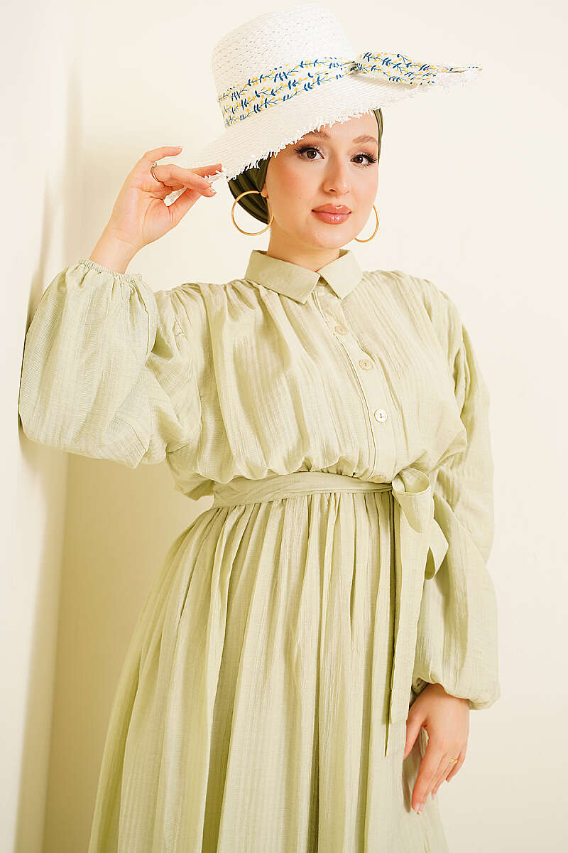 Belted Gathered Dress with Elastic Cuffs - Aqua Green