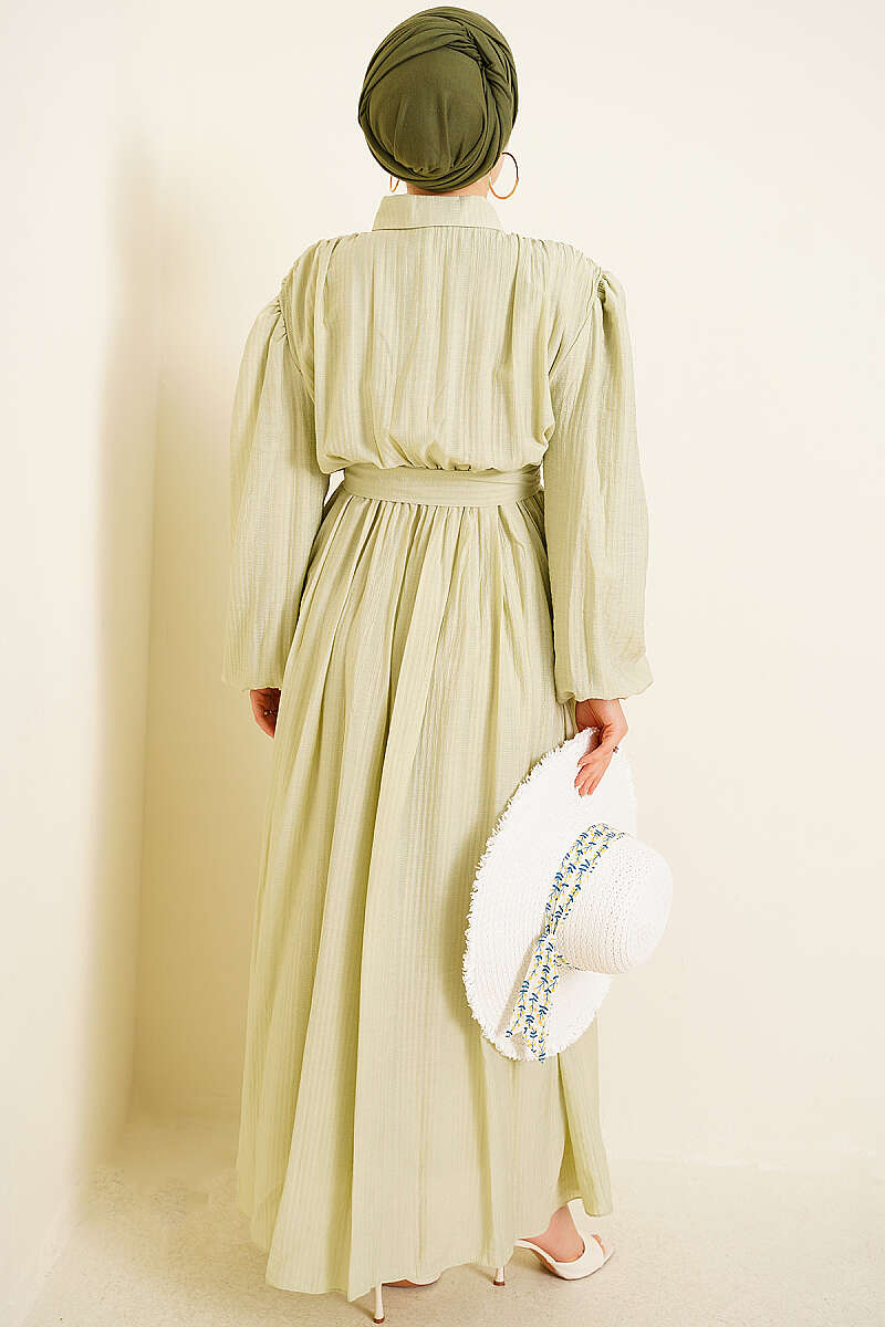 Belted Gathered Dress with Elastic Cuffs - Aqua Green