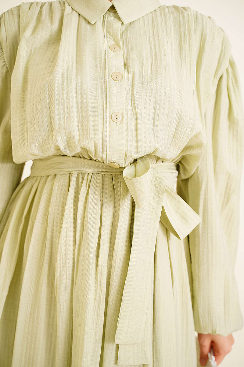 Belted Gathered Dress with Elastic Cuffs - Aqua Green