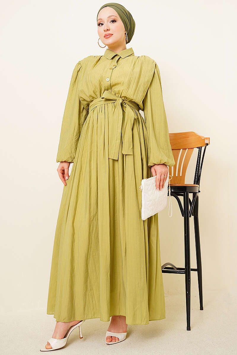 Belted Gathered Dress with Elastic Cuffs - Olive