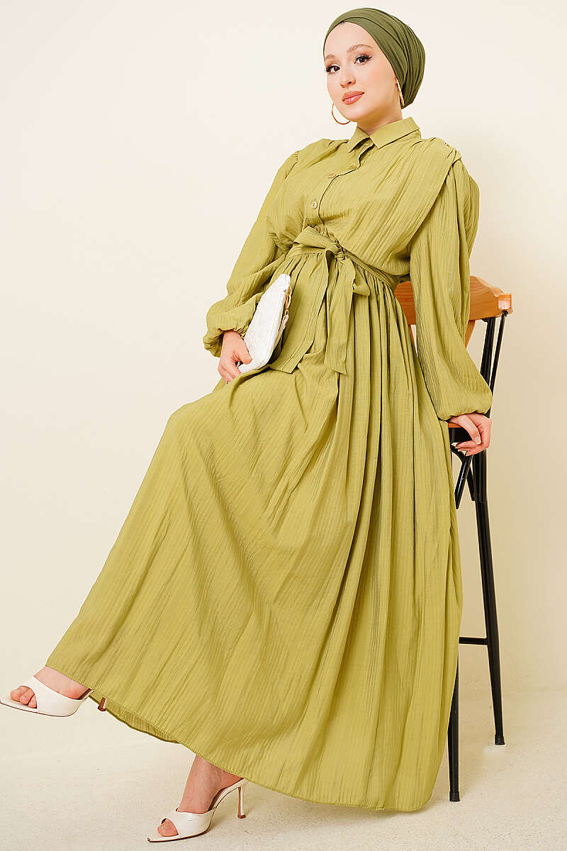 Belted Gathered Dress with Elastic Cuffs - Olive