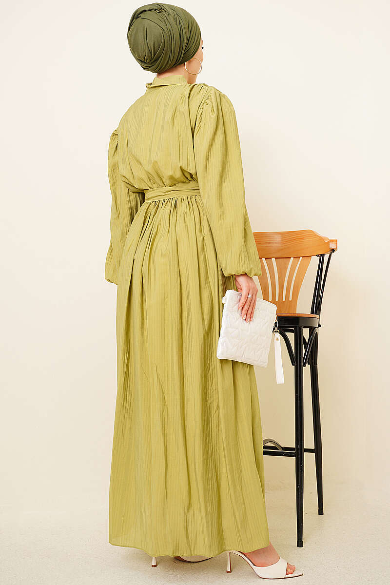 Belted Gathered Dress with Elastic Cuffs - Olive