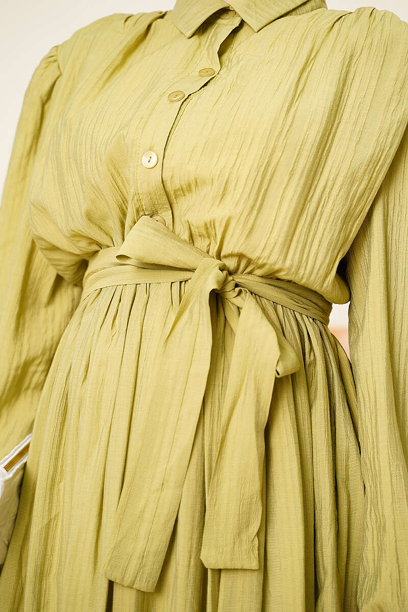 Belted Gathered Dress with Elastic Cuffs - Olive