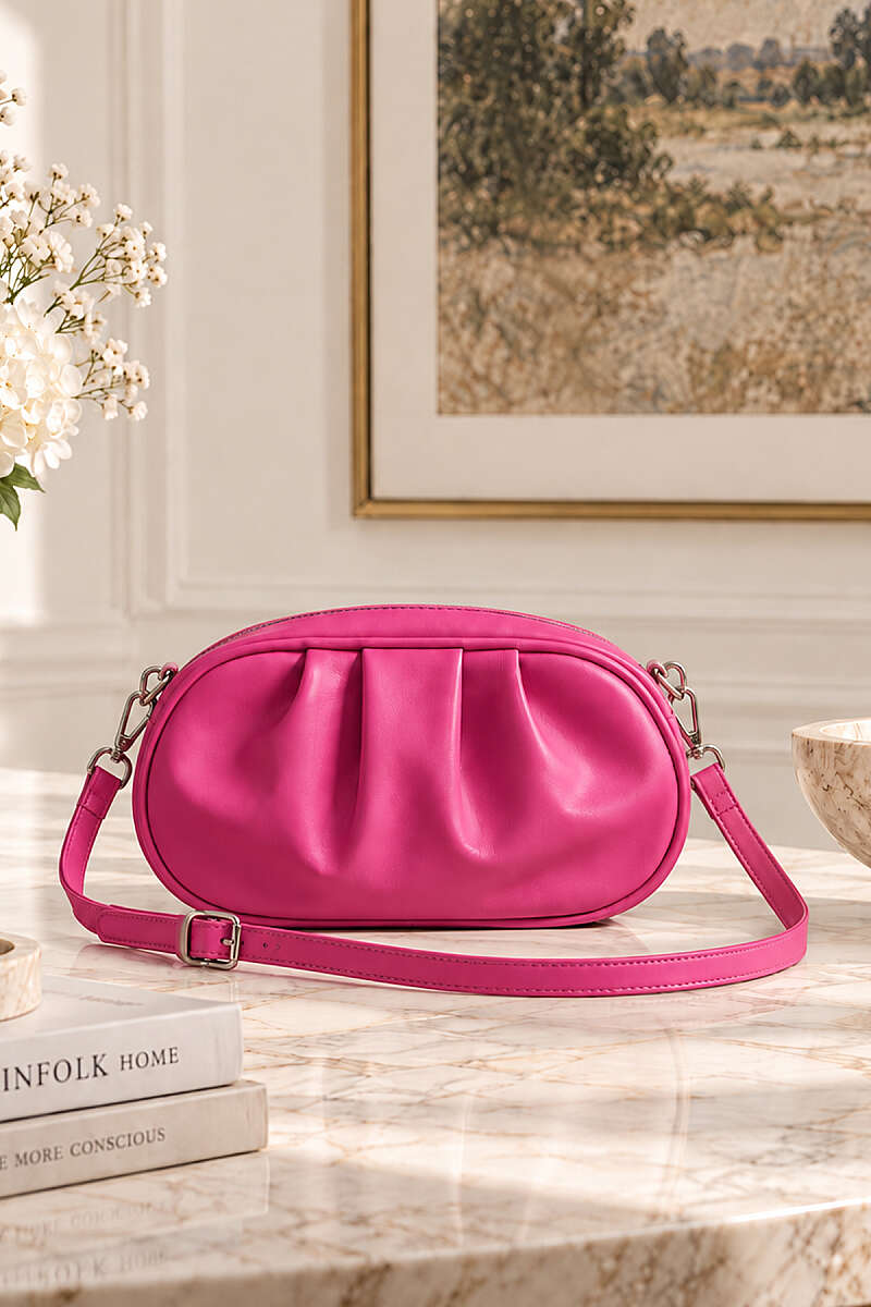 Ruched Oval Zip Bag - Fuchsia