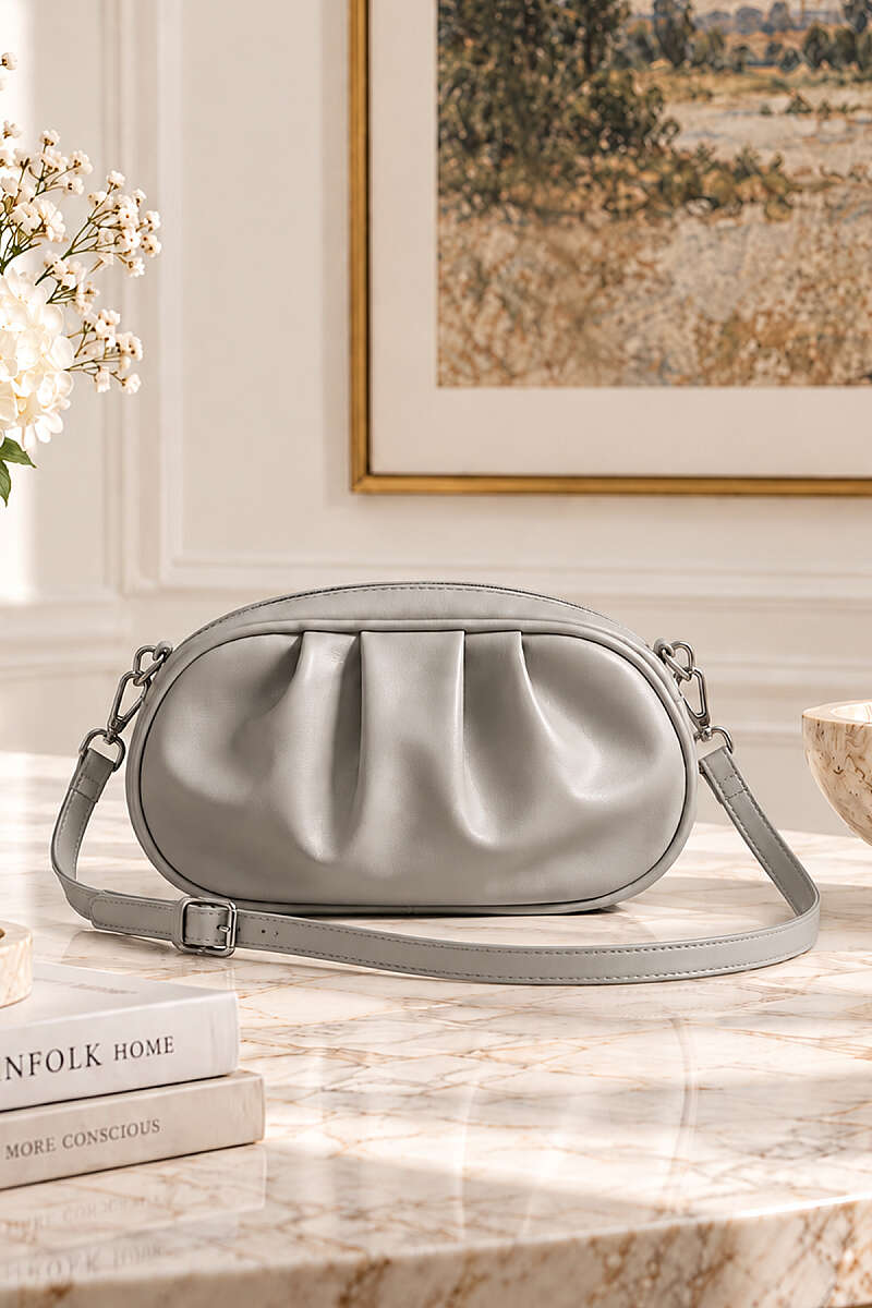 Ruched Oval Zip Bag - Grey