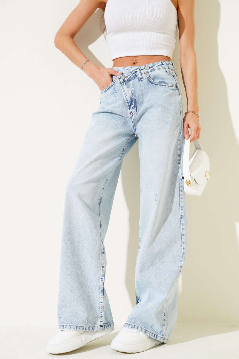 Denim Palazzo Pants with Double Cross Buttons - Ice Blue