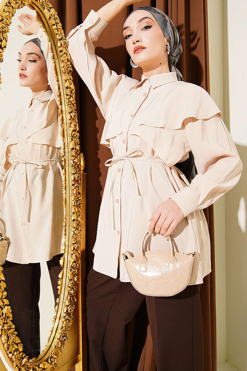 Crossover Shirt with Cord Belt - Beige