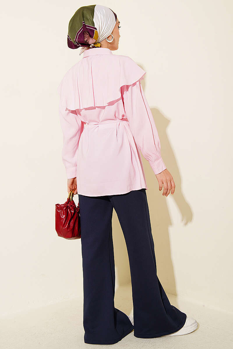 Crossover Shirt with Cord Belt - Pink
