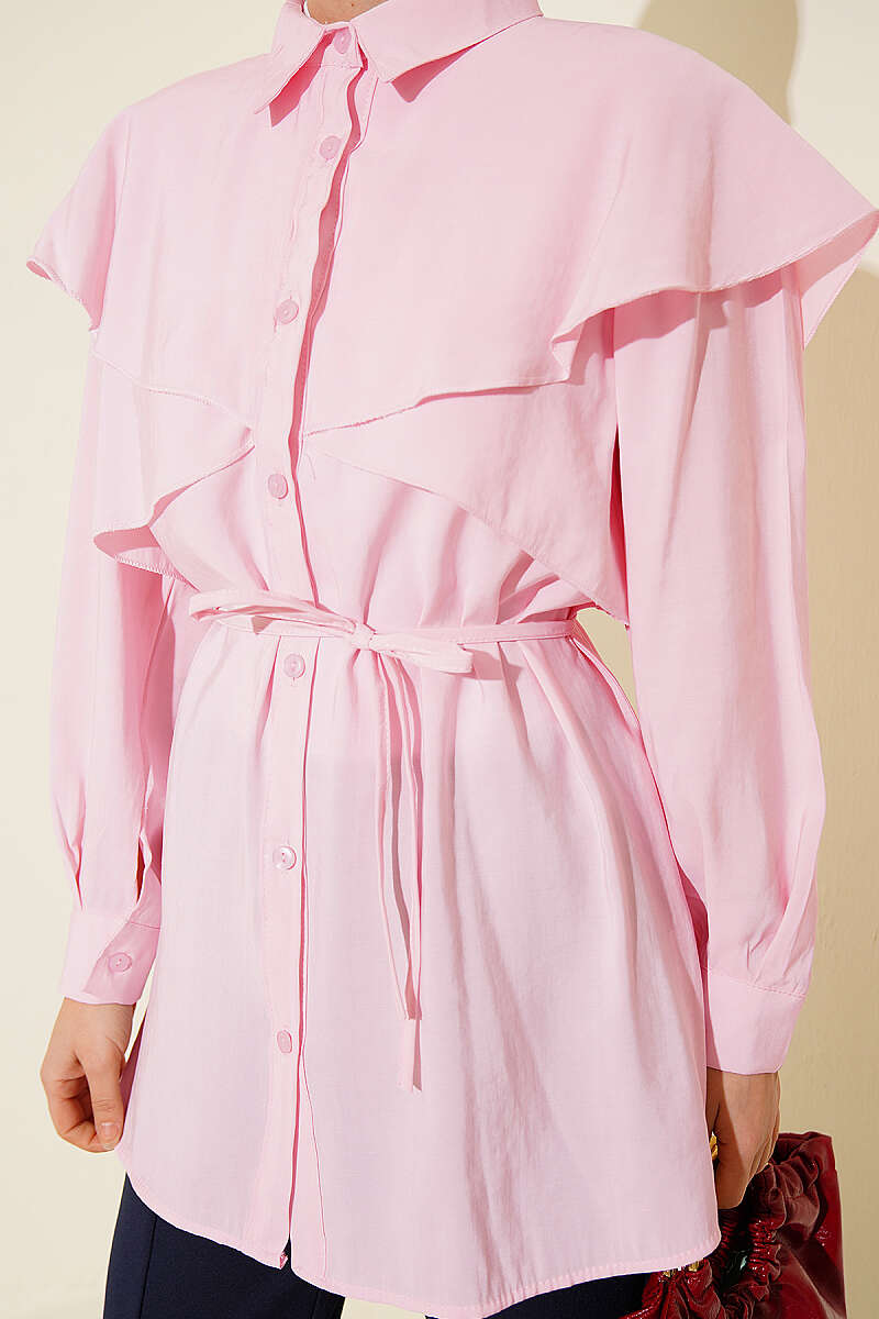 Crossover Shirt with Cord Belt - Pink