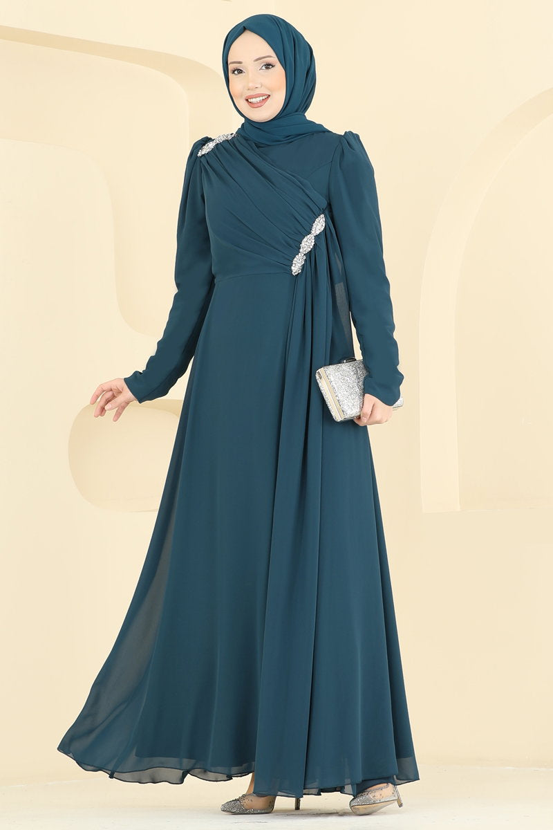 Cross-Draped Chiffon Evening Dress - Teal