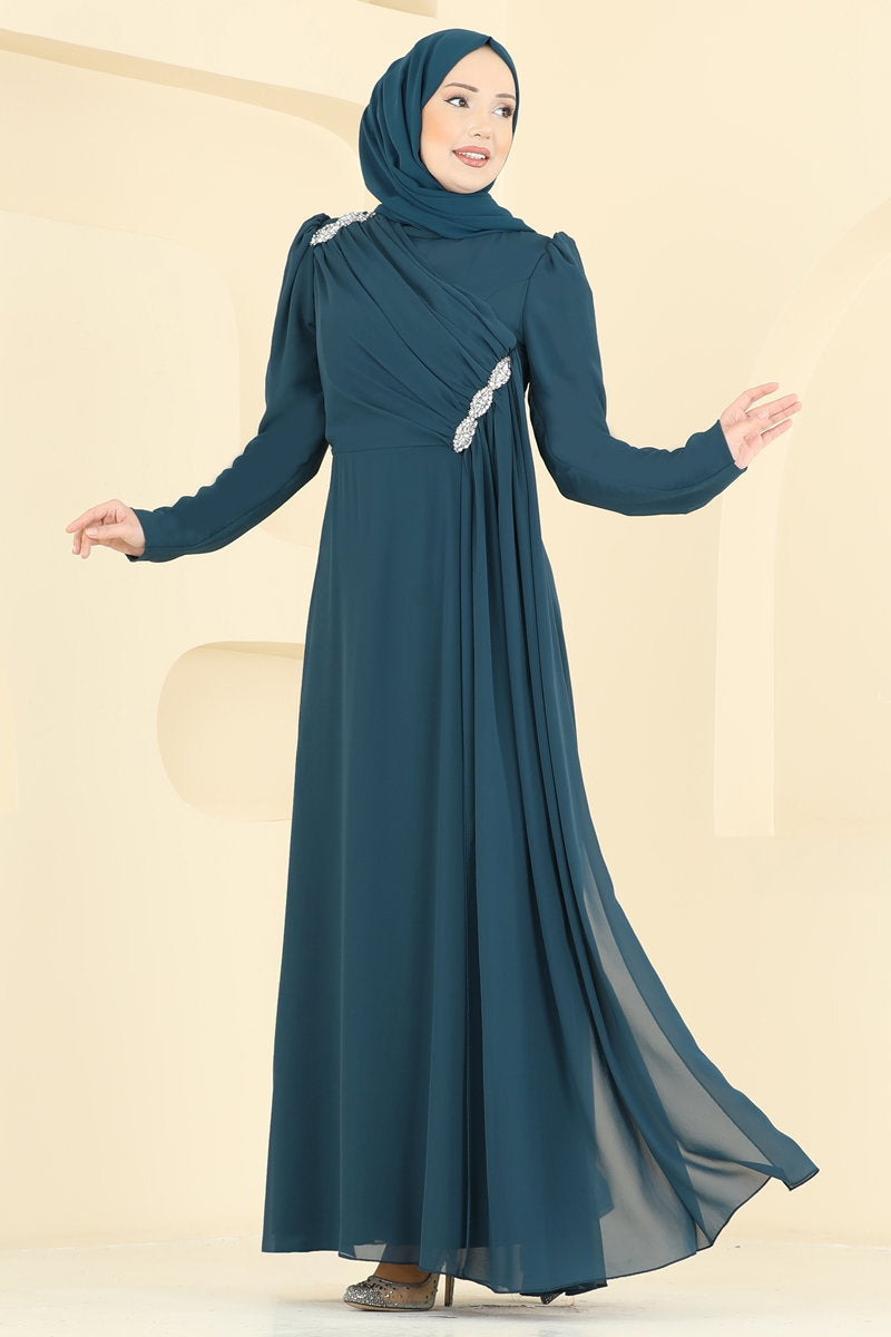 Cross-Draped Chiffon Evening Dress - Teal