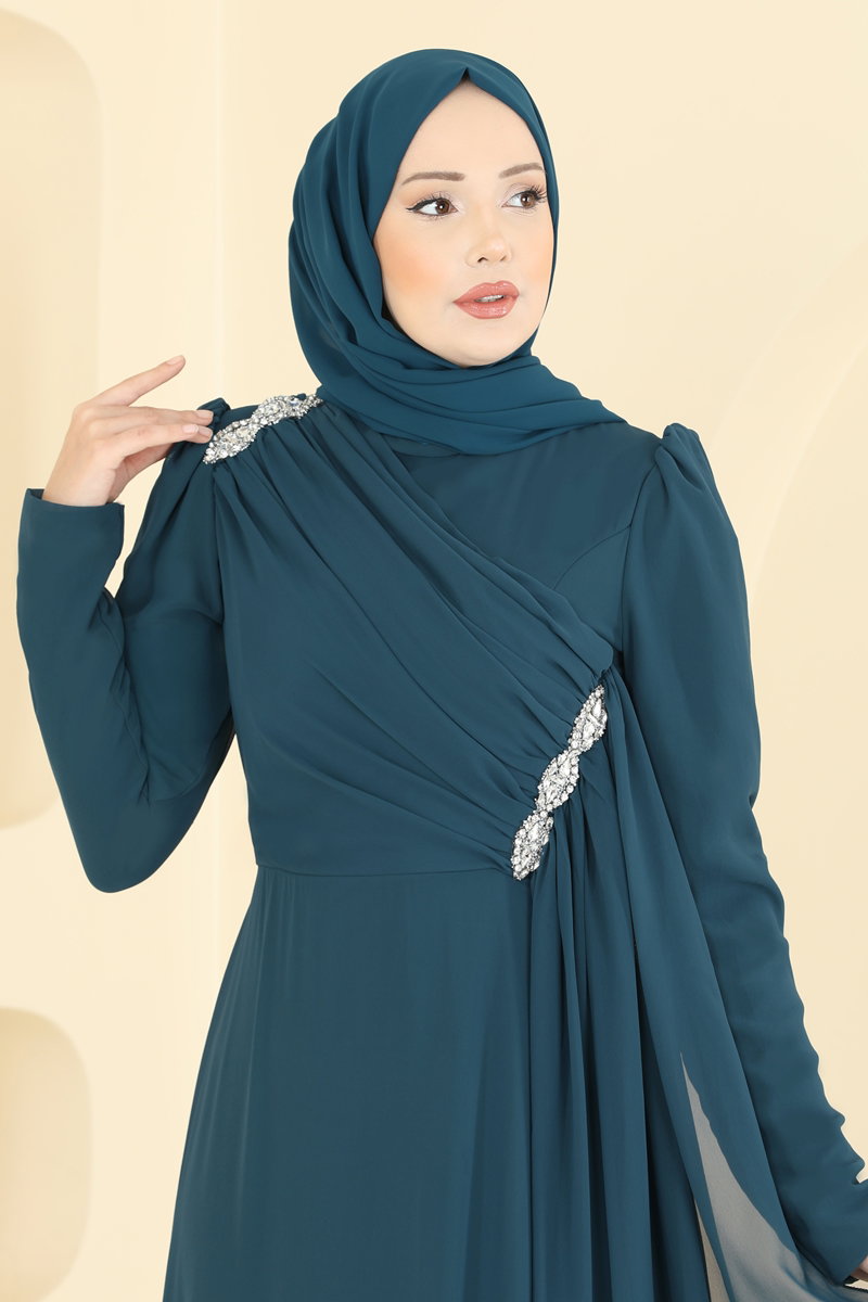 Cross-Draped Chiffon Evening Dress - Teal