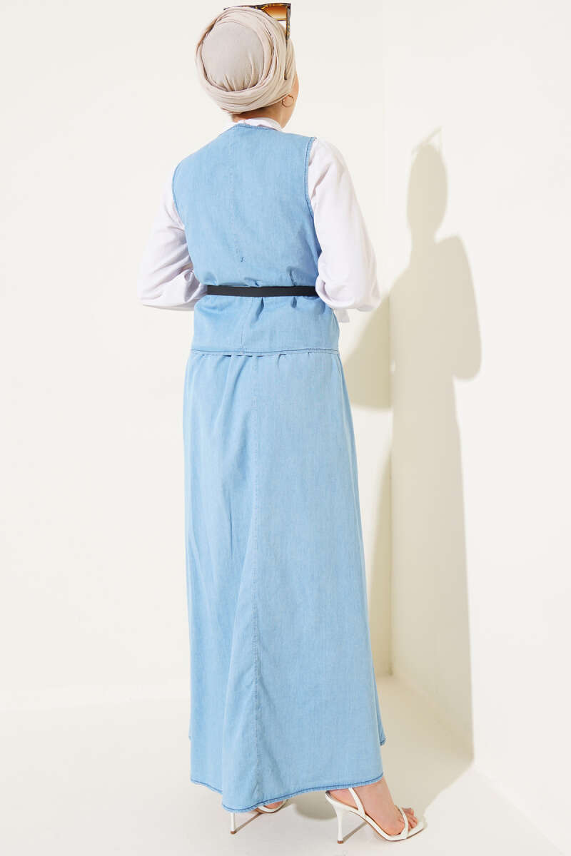 Belted Denim Skirt Set with Cross Buttons - Ice Blue