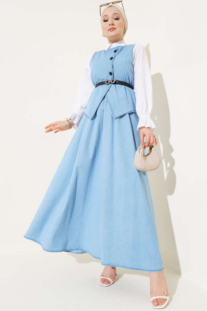 Belted Denim Skirt Set with Cross Buttons - Ice Blue