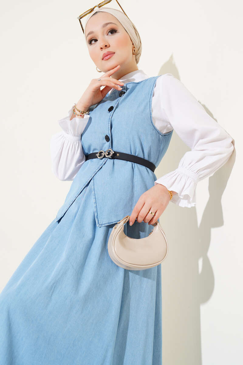 Belted Denim Skirt Set with Cross Buttons - Ice Blue