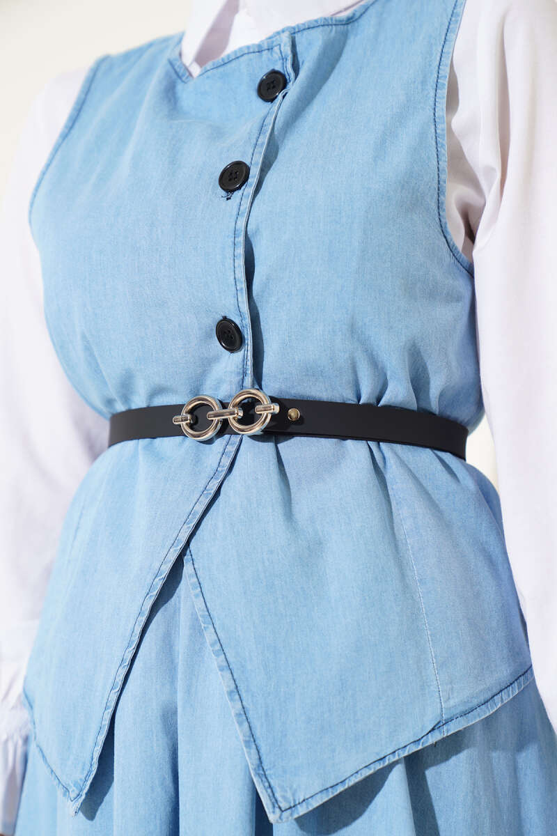 Belted Denim Skirt Set with Cross Buttons - Ice Blue