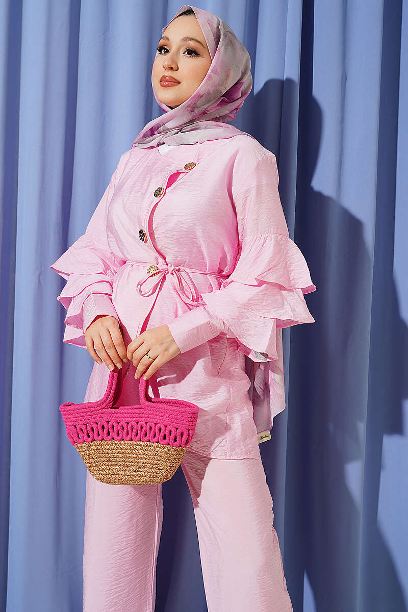 Two-Piece Set with Cross Buttons and Ruffled Sleeves - Pink