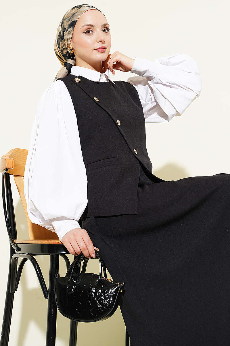 Vest and Skirt Set with Cross Buttons - Black