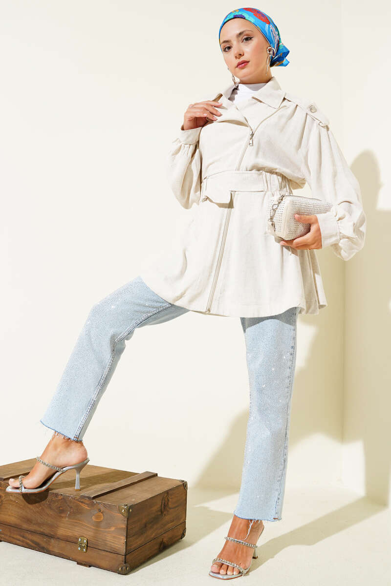 Belted Jacket with Diagonal Zip - Beige