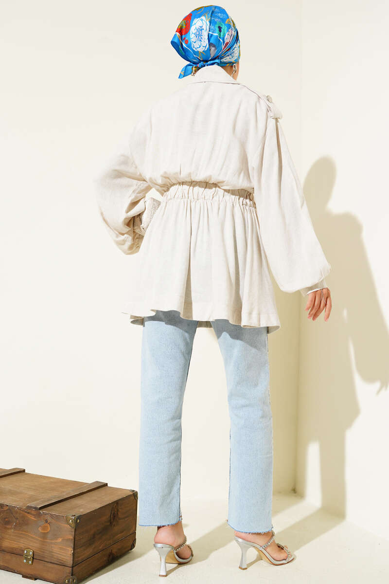 Belted Jacket with Diagonal Zip - Beige