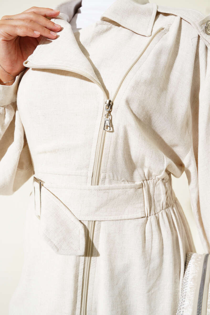 Belted Jacket with Diagonal Zip - Beige