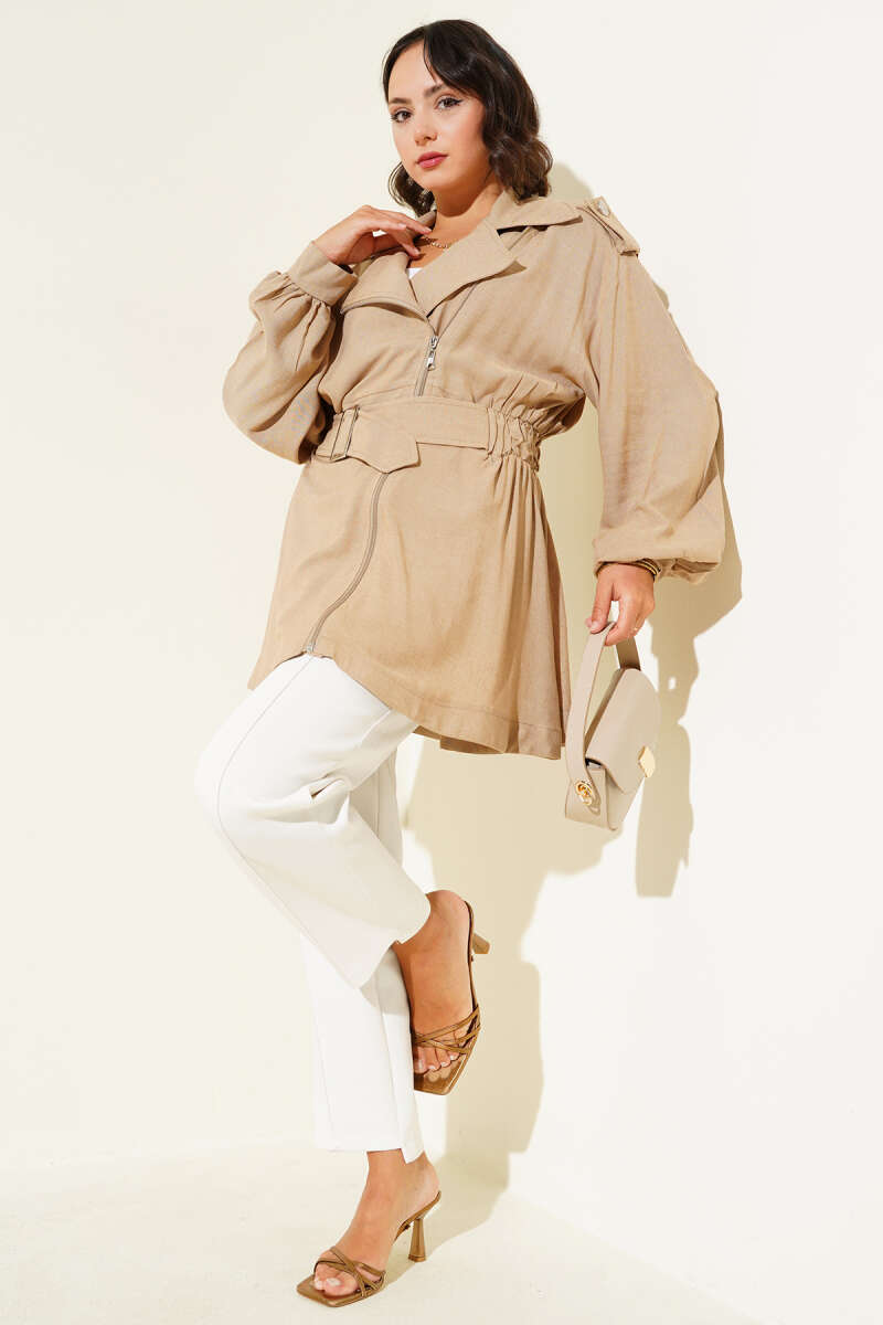 Belted Jacket with Diagonal Zip - Camel