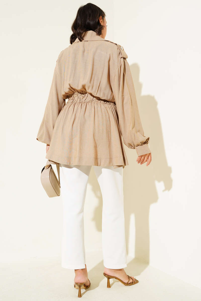 Belted Jacket with Diagonal Zip - Camel