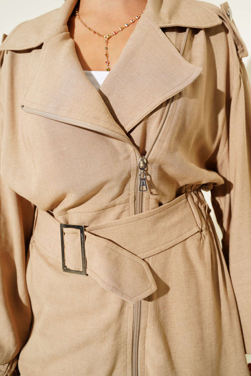 Belted Jacket with Diagonal Zip - Camel