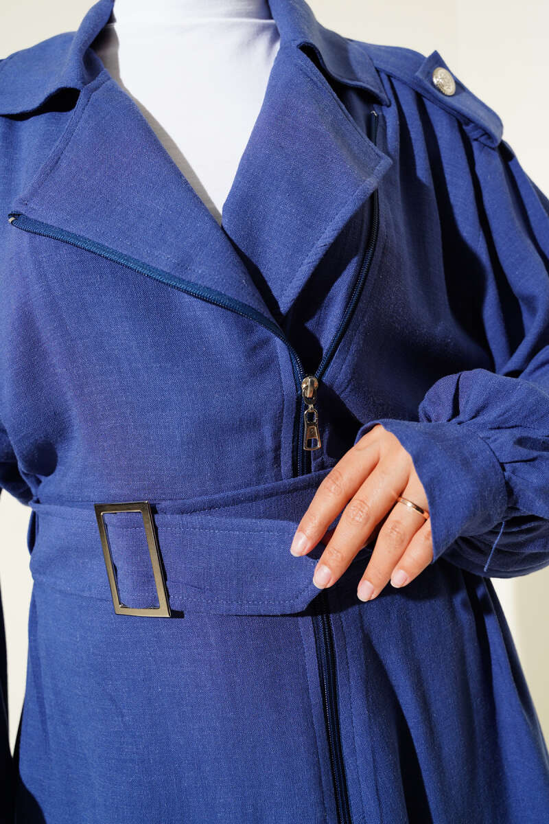 Belted Jacket with Diagonal Zip - Indigo