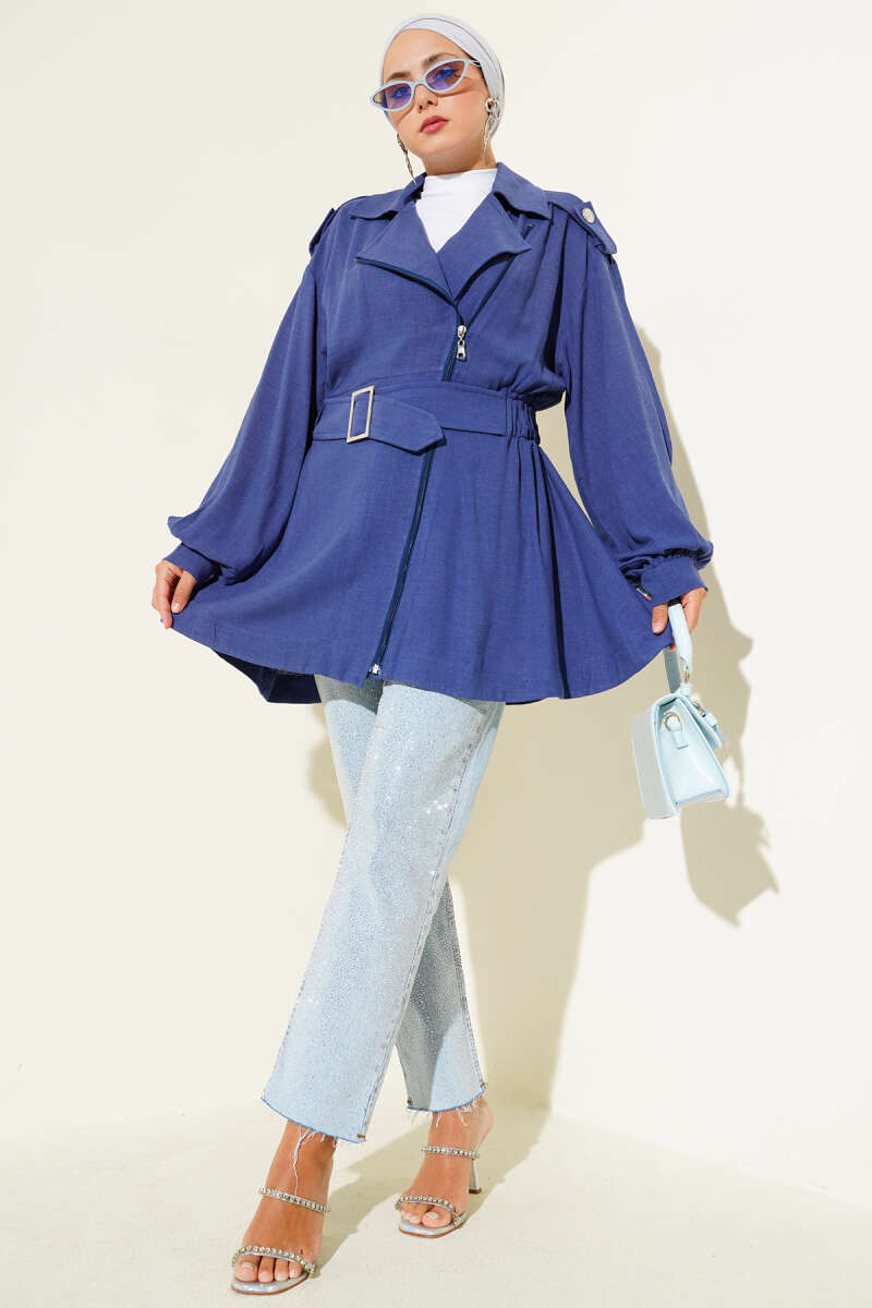 Belted Jacket with Diagonal Zip - Indigo