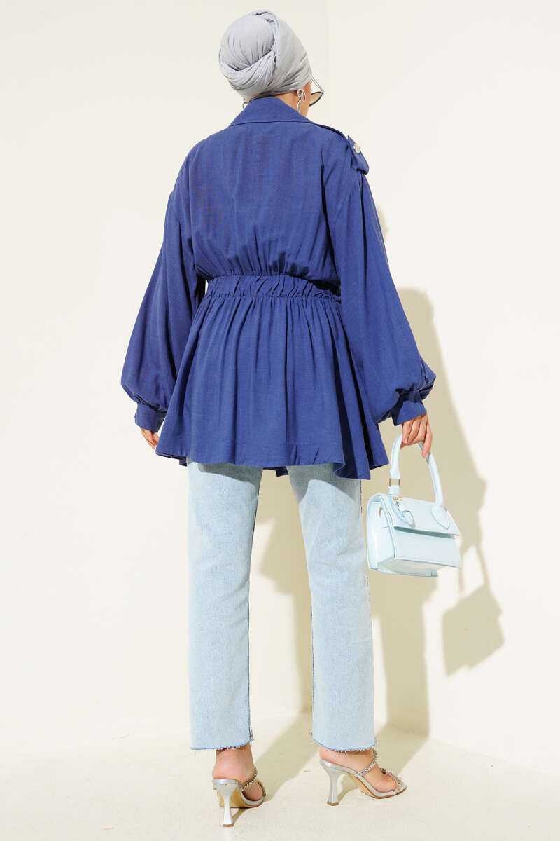 Belted Jacket with Diagonal Zip - Indigo