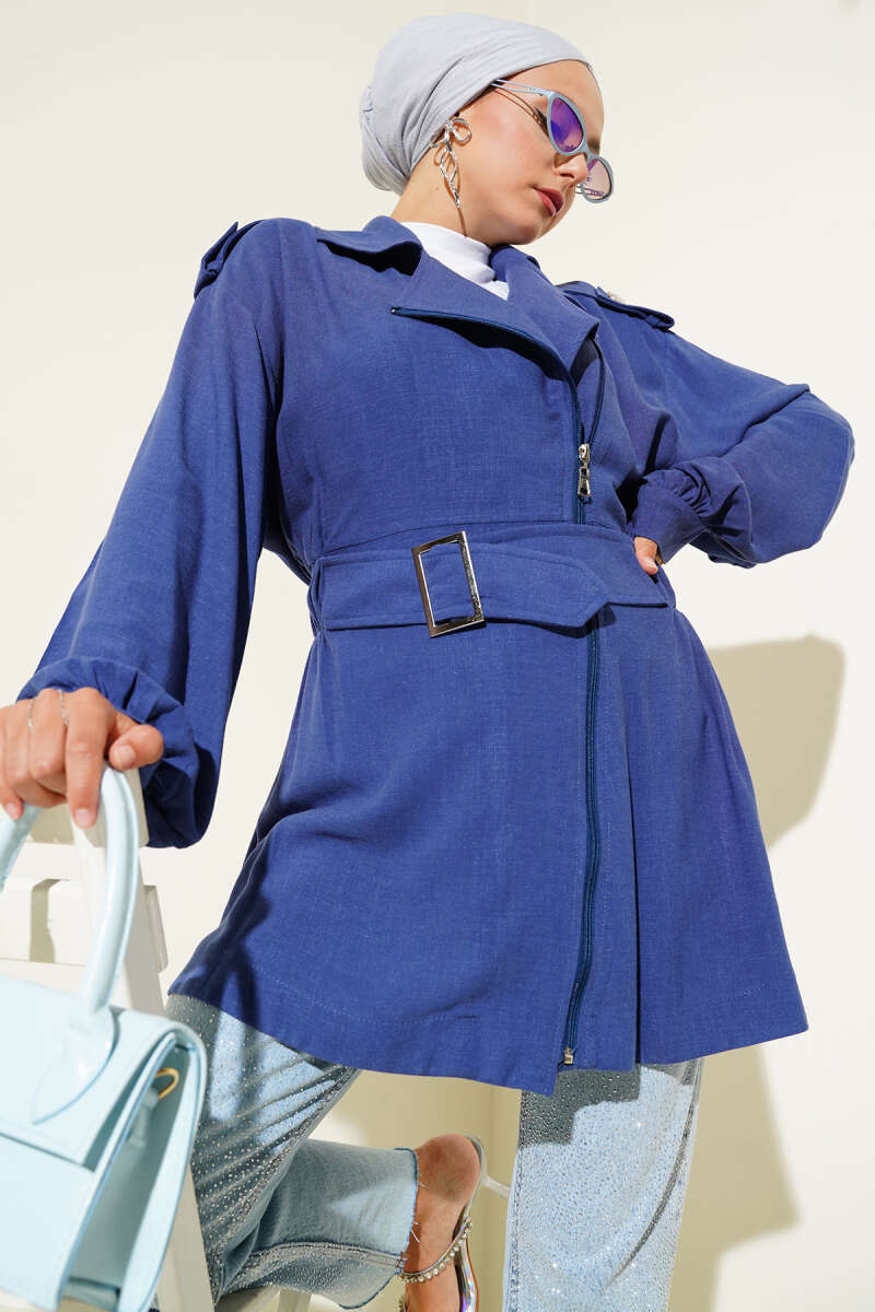 Belted Jacket with Diagonal Zip - Indigo