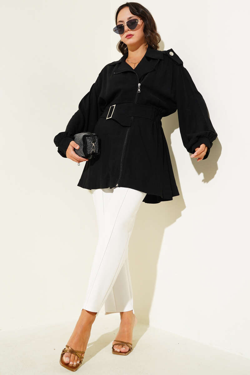 Belted Jacket with Diagonal Zip - Black